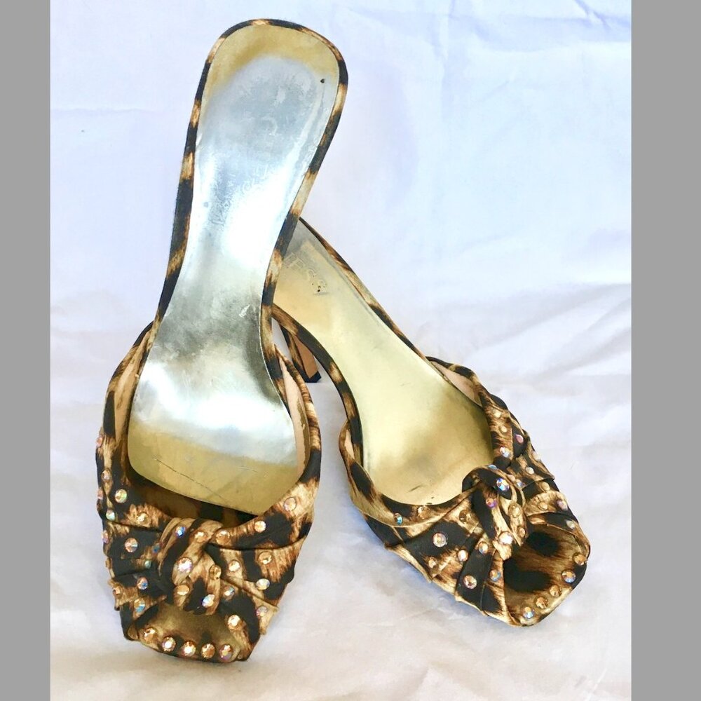 Rare! Vintage Guess Animal Print Leopard open Toe mule 6M rhinestone